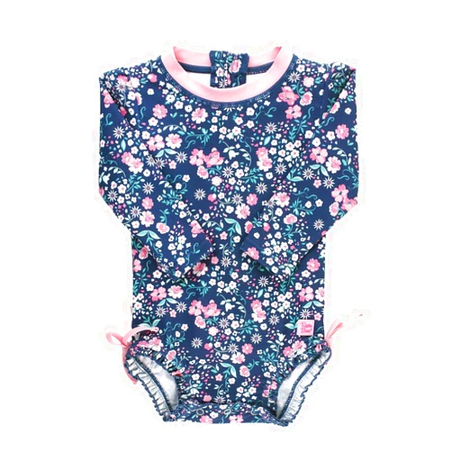 RuffleButts® Girls UPF 50+ Sun Protection Long Sleeve One Piece Swimsuit with Zipper