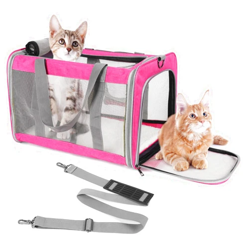 TIYOLAT Cat Carrier, Pet Carrier Airline Approved, Kitten Carrier for Small Dogs Cats Under 16 Lbs, Collapsible Soft Sided Puppy Carrier with Adequate Ventilation,4 Mesh Windows,3 Entrances (Pink)