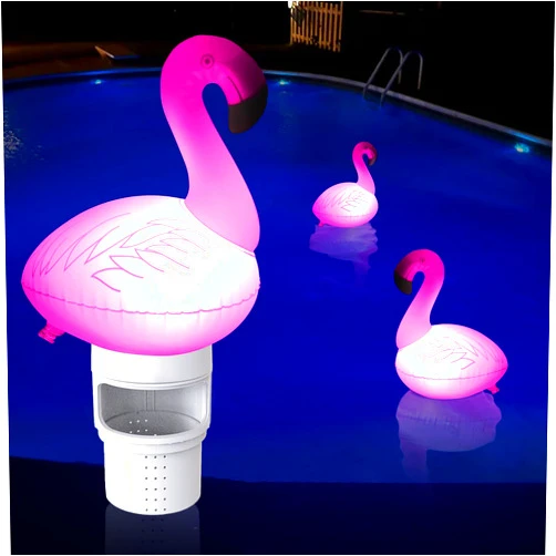 Uekars Pool Chlorine Floater with Solar Light, Inflatable Flamingo Floating Chlorine Dispenser for 4x3 inch Chlorine Tabs, Anti-Sinking Bromine Chlorine Tablet Holder Floater for Pool, Hot Tub,Spa.
