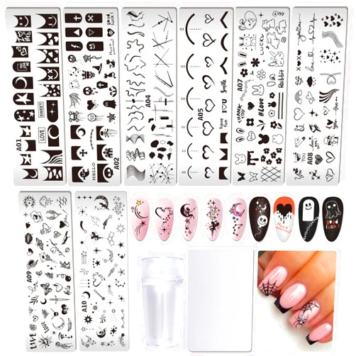 AddFavor Nail Stamper Kit 8pcs Nail Stamping Plates French Geometric Heart Star Image Nail Stencils with Silicone Stamp and Scraper for Women Girls Summer Nail Art Design Supplies Tools