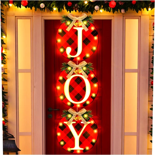 Blosssound 3 Pcs Christmas Joy Door Sign Lighted Buffalo Plaid Wreath for Front Door Decoration Wooden Glitter Hanging Door Plaque with LED Lights for Xmas Door Wall Indoor Outdoor