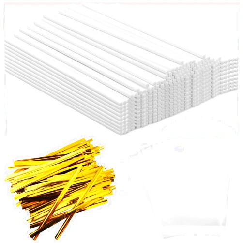 Repinsta 1200PCS Lollipop Cake Pop Treat Bag Set Including 400pcs Parcel Bags, 400pcs Papery Treat Sticks, 400pcs Gold Metallic Twist Ties for Making Lollipops, Cake Pops, Candies, Chocolates and Cookies