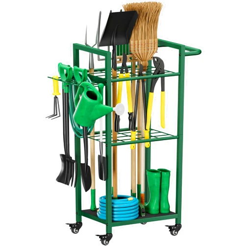 Lotspasie Garden Tool Organizer with Wheels, Heavy Duty 3 Tier Metal Yard Tool Storage Rack Holder with Side Hooks, Freestanding Garage Organizer for Shovels, Rakes, Brooms, Indoor Outdoor Use, Green