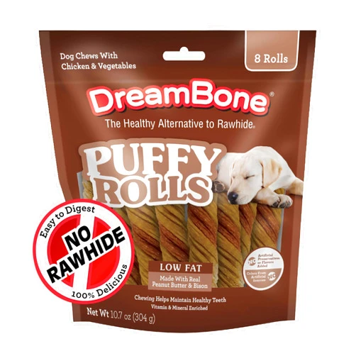 Dreambone Puffy Rolls Chews for Dogs, 8 Count, Treat Your Dog to Easy-to-Digest Rawhide-Free Chews Made with Real Peanut Butter and Bison