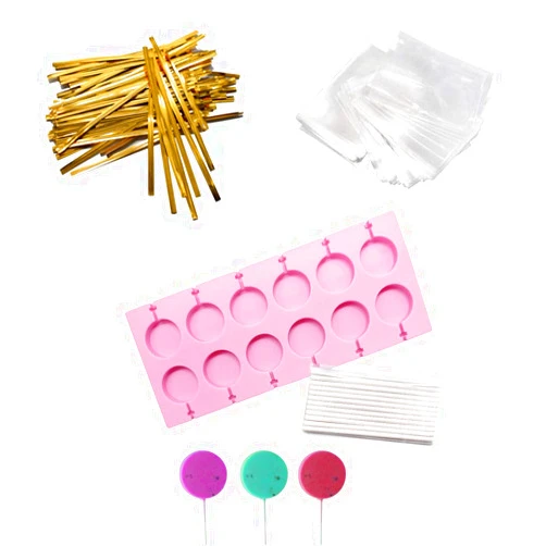 AKINGSHOP 12 Capacity Silicone Lollipop Molds,Chocolate Hard Candy Mold with 50pcs 4 inch Lollypop sucker sticks,Candy Treat Bags,gold ties. (Round pink)