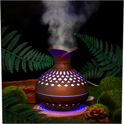 Cerrota Portable Mini Humidifier, 300ml Small Humidifiers Wooden Vase Flower Aroma Diffuser, Quiet Cool Mist Humidification for Baby Bedroom Travel Office, USB Powered, Colorful Light, Darkwood