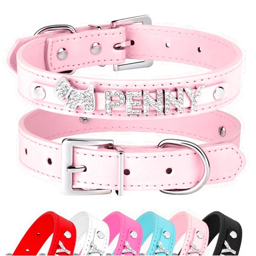 Didog Smooth PU Leather Custom Dog Collars with Rhinestone Personalized Name Letters, Fit Small Medium Dogs, Pink, XS