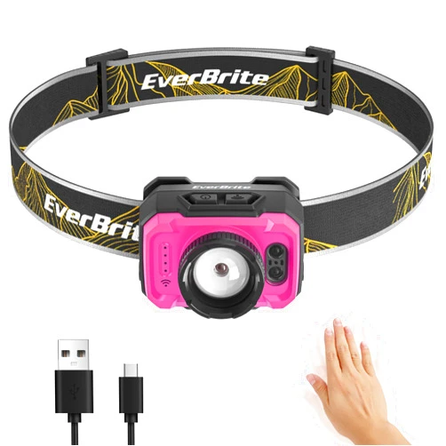 EverBrite Rechargeable Headlamp, 600 Lumen Head Lamp for Adults, 4 Modes with Motion Sensor & Memory Function, Zoomable Headlamp with Spotlight & Floodlight, 75° Adjustable for Camping, Running-Pink