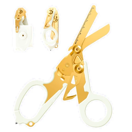 Kannino 6 In1 Emergency Response Shears Trauma Shears Multifunctional Self-luminous Scissors with Strap Cutter and Glass Breaker Outdoor Camping Rescue Scissors Tools with Holster (Gold)