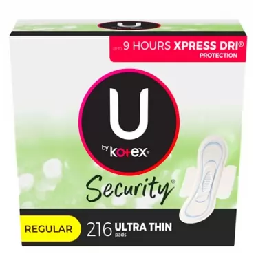 U by Kotex Security Ultra Thin Feminine Pads with Wings, Regular Absorbency, Unscented, 216 Count (6 Packs of 36) (Packaging May Vary)