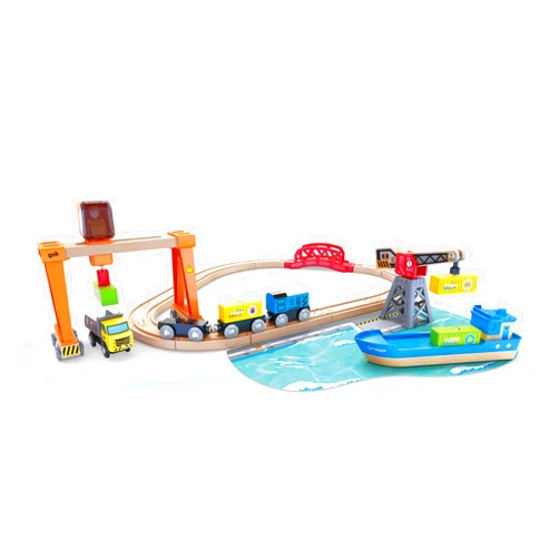 Hape Lift & Load Harbor Set | Toy Train and Boat Set with Cranes, for Children Ages 3Y+