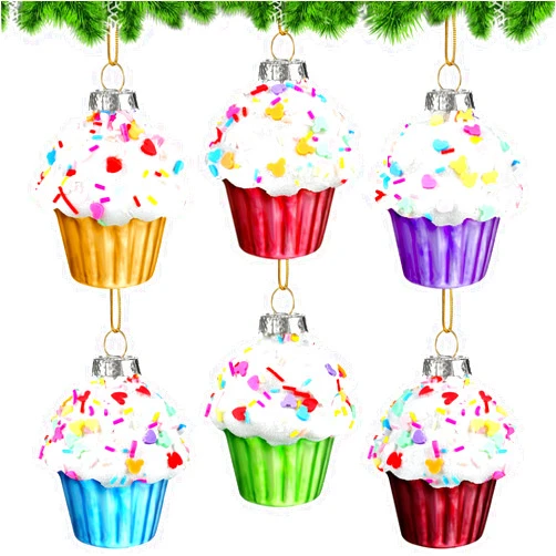 Zhanmai 6 Pack Christmas Cupcake Ornaments Glass Christmas Tree Donut Hanging Ornaments Mini Glass Blown Cupcake Donut Dessert Ornament Set for Xmas Tree Pendant Home Birthday Party Decoration (Cake Style)