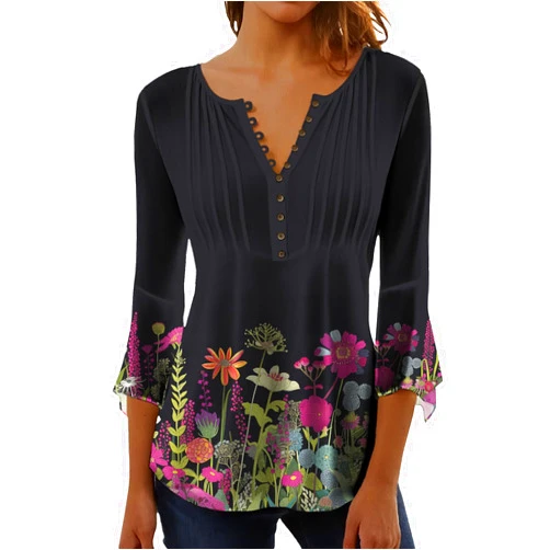MARSVOVO Womens Summer Tunic Tops 3/4 Sleeve Lightweight Flowy Button Casual Blouse Notch V Neck Basic Top