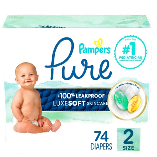 Pampers Baby Diapers - Pure Protection - Size 2, 74 Count, for up to 100% Leakproof, Premium Plant-based Skin Protection