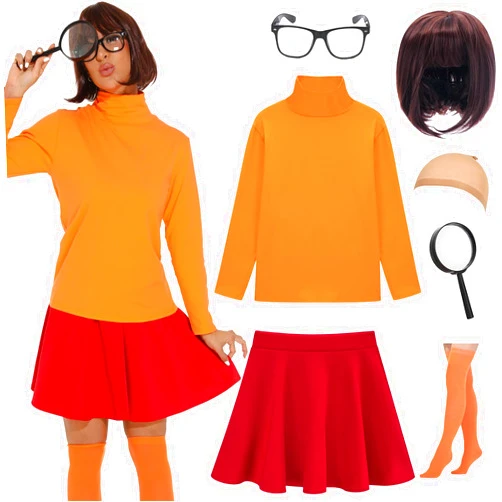 UIMLK Halloween Costumes for Women 2024 Sexy Couples Velma Costume Adult Cosplay Outfit,M Orange