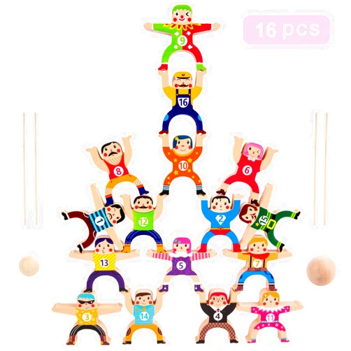 Moopok Wooden Stacking Toys,16Pcs Circus Hercules Acrobatic Troupe Interlock Toy,Balancing Building Blocks Game Toddler Puzzle Toys,for 3 4 5 6 Years Old Kids Adults