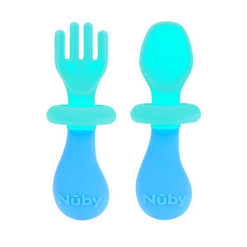 Nuby First Fork and Spoon Set - Utensils with Safety Guards for Babies 6+ Months - Green and Blue