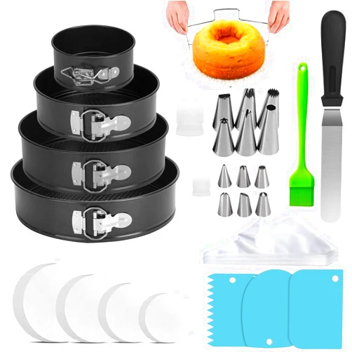 YIN AISIKE Round Cake Pan Sets for Baking Cake Decorating Supplies: 4 Non-Stick Springform Pans Set (4, 7,9,10 inches), Icing Tips, Cake Leveler – Multi-functional Leak-Proof CheeseCake Pan
