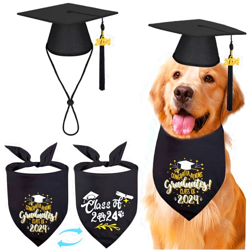 Midufrry 2 Pack Pet Graduation Cap Reversible Bandana Costumes with Black Tassel 2024 Graduation Dog Hat Puppy Scarf Graduation Outfits Party Apparel Medium Large Dog Cat (2PCS Gard Bandanas Set, Black)