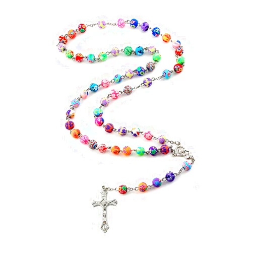 YEYULIN Polymer Clay Bead Rosary Long Necklace Alloy Cross Virgin Christian Catholic Jewelry Rosary alone for women