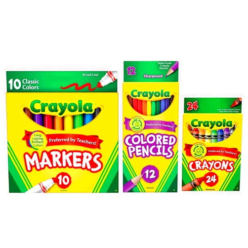 Crayola Classic Bundle: 3 Items - Crayons (24 Count), Broad Line Markers (10 Count), Colored Pencils (12 Count)