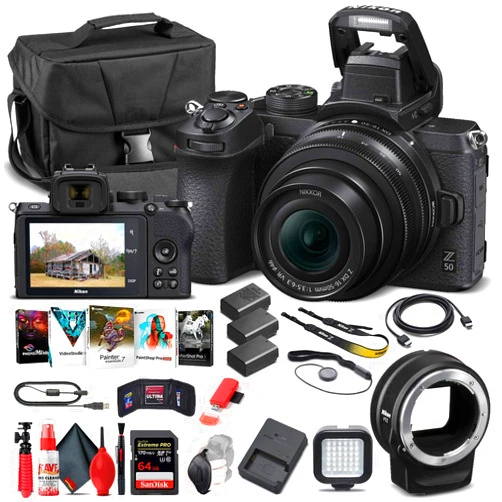 Nikon Z 50 Mirrorless Digital Camera with 16-50mm Lens (1633) + FTZ Mount Adapter + 2 x EN-EL25 Battery + 64GB Card + Case + Corel Software + Light + Filter Kit + More (International Model) (Renewed)