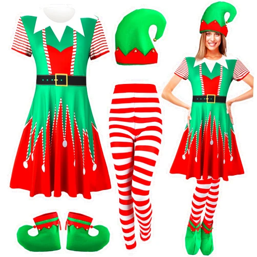 Floraltop 4 Pcs Girls Women Christmas Elf Costume Set Santa's Helper Including Christmas Elf Dress Elf Hat Striped Tights Elf Shoes for Women