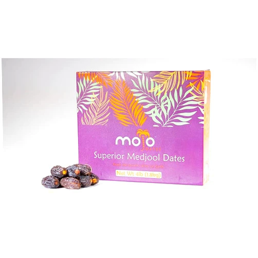 Mojo Dates Mojo Superior Whole Medjool Dates | 4LB(1.8Kg) | Farm Fresh Jordan Valley Grown Fruit | Vegan, Gluten-Free, Paleo, No Sugar Added, All Natural, Non-GMO | “Premium” Extra Large, Great for Entertaining and Celebrations
