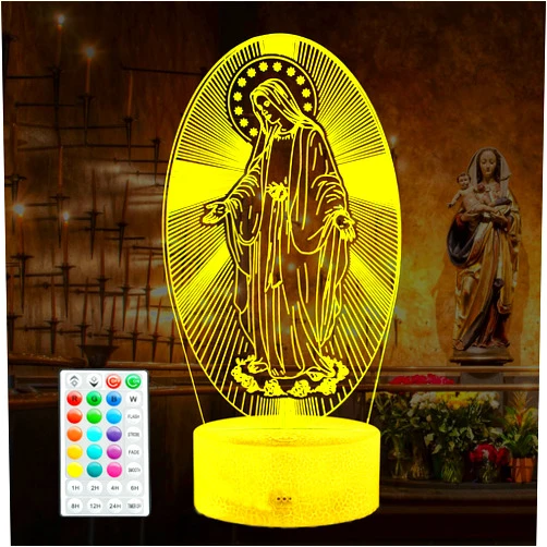 POSSHE Virgin Mary Gift, 3D Christian Night Light, 16 Colors Changing, Remote Control with Timer, RGB Flashing Mode and Dimmable, Religious Lamp for Christmas Birthday Decor