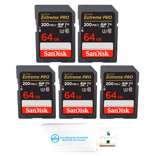SanDisk 64GB (Five Pack) Extreme Pro Memory Card (SDSDXXY-064G-GN4IN) SDXC 4K V30 UHS-I with Everything But Stromboli (TM) Combo Reader