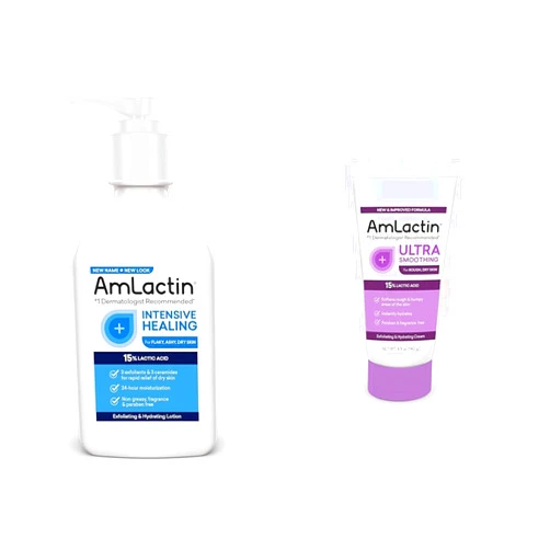 AmLactin Intensive Healing Body Lotion for Dry Skin – 7.9 oz Pump Bottle & Ultra Smoothing-4.9 oz Body & Hand Cream with 15% Lactic Acid-Exfoliator and Moisturizer for Rough and Bumpy Dry Skin