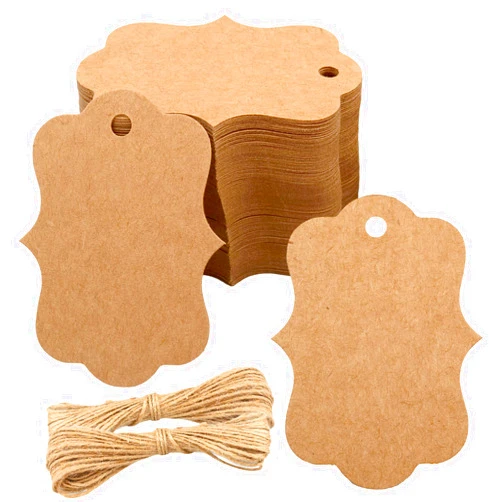 joycraft 100Pcs Brown Paper Tags, 2.7x2 inch Blank Gift Tags with String, Scalloped Price Tags, Blank Gift Hanging Tags for Gift Wrapping, Wedding, Merchandise, DIY Craft, Party Favor