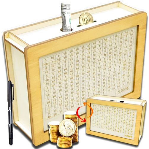 HD WOOD CRAFT 2 Sided Wooden Coin Bank with Money Target and Numbers, Piggy Bank for Adults Kids, Adults Money Box with Counter for Savings Goal $5000 and $10000 Best Gift for Friends Boys and Girls