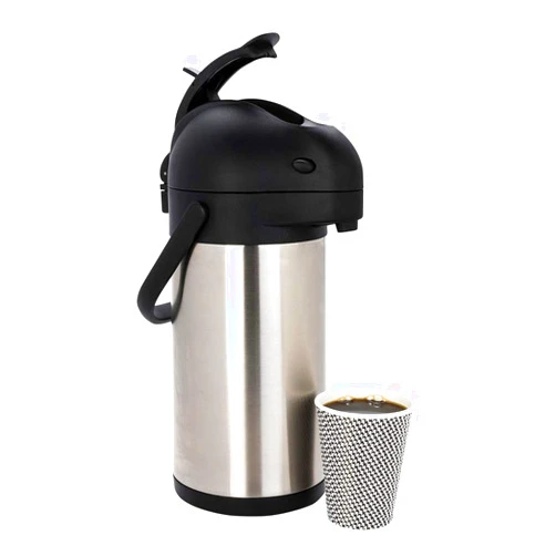 Restaurantware Met Lux 3 Liter Coffee Dispenser 1 Pump Lever Coffee Pump Dispenser - 24 Hour Heat Retention Built-In Handle Silver Stainless Steel Airpot Thermal Coffee Carafe For Airports