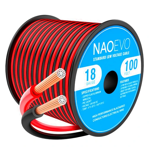 NAOEVO 18 Gauge Wire 100FT, 2 Conductors Electrical Wire Red Black Cable, Flexible/Low Voltage/PVC 18 AWG Copper Clad Aluminum Extension Cord for Speaker, LED Strips, Automotive 12V/24V DC