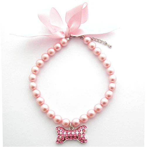 PETFAVORITES Fancy Pearls Crystal Dog Necklace Jewelry with Bling Rhinestones Big Bone Charm for Pets Cats Small Dogs Girl Teacup Chihuahua Yorkie Clothes Costume Outfits (Pink, 10 to 12-Inch)