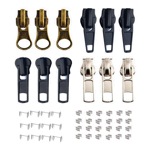 JOSDIOX Zipper Repair Kit 12 Pcs Sliders with Pulls for # 5 Metal Plastic Nylon Zippers in 3 Colors Top Bottom Stops Replacement Zip for Jacket Backpack Home Decorations.
