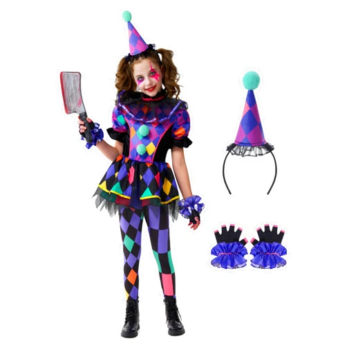 Spooktacular Creations Halloween Clown Costume for Girls, Dark Colorful Twisted Clown Jester Costume for Kids