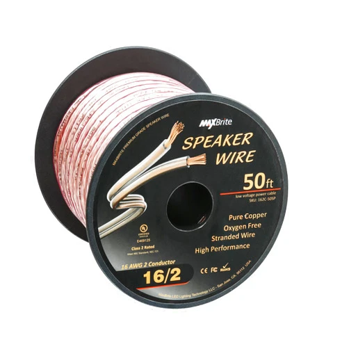MaxBrite High Performance 16 Gauge Speaker Wire, Oxygen Free Pure Copper - UL Listed Class 2 (50 Feet Spool)