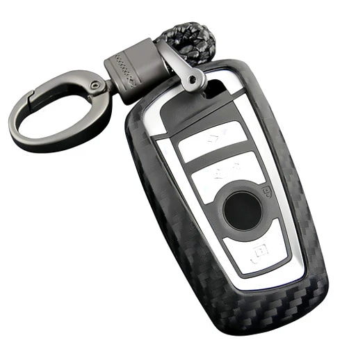 M.JVisun Soft Silicone Rubber Carbon Fiber Texture Case Protector Car Remote Key Fob Cover For BMW 1 Series 2 3 4 5 6 7 Series 5GT GT3 GT5 X1 X3 X4 M2 M3 M4 M5 M6 - Black - Weave Keychain