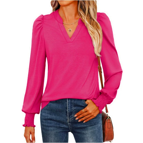 ANRABESS Women's Puff Long Sleeve Shirts V Neck Loose T-Shirts Dressy Casual Work Blouses 2024 Fall Tops Trendy Clothes