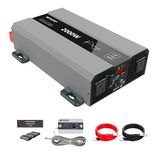 MFUZOP 2000W Pure Sine Wave Power Inverter, 12V DC to 110V AC Converter, Peak 4000W, 2 AC Outlets, 3.0A USB, and 65W PD Portm, Solar Car Inverter with LED Display & Remote Control for Truck, Home, RV