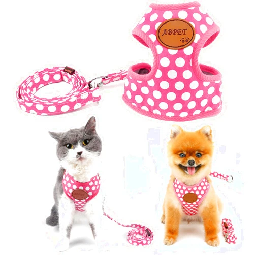 SMALLLEE_LUCKY_STORE New Soft Mesh Nylon Vest Polka Dot Pet Cat Small Medium Dog Harness Dog Leash Set Leads Pink S