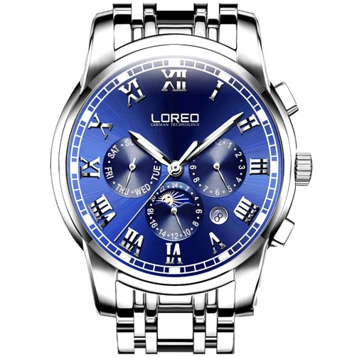 LOREO Mens Automatic Multifunction Silver Stainless Steel Sapphire Glass Waterproof Blue Men's Watch