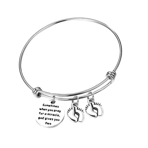 Baipilu Mom Bracelets Twins Jewelry Gift Sometimes When You Pray for a Miracle, God Gives You Two Twin Mom Jewelry Footprint Charm Expandable Bracelet Mother's Day Thanksgiving Christmas Gift 1PCS