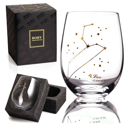 HOHY Leo Wine Glass - Stemless, 20oz Golden, Zodiac Constellation Glass, Horoscope Gift for Women & Men