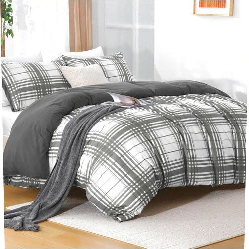 MUXHOMO Duvet Cover Queen Size, 3 Pieces Plaid Duvet Cover Set, Reversible Light Grey Bedding Set with Dual-Zipper & 8 Corner Ties (90