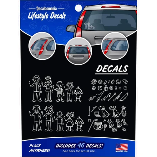 DECALCOMANIA LIFESTYLE DECALS White Line Stick Figure Family Car Stickers DIY Kit - Includes 46 Decals Mom Dad Boy Girl Baby Cat Dog Fish Accessories
