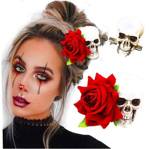 Ylapagne Halloween Skull Hair Clips Gothic Rose Hair Clips Ghost Skull Crocodile Duckbill Hair Clips White for Cosplay Costume Party, White/Red