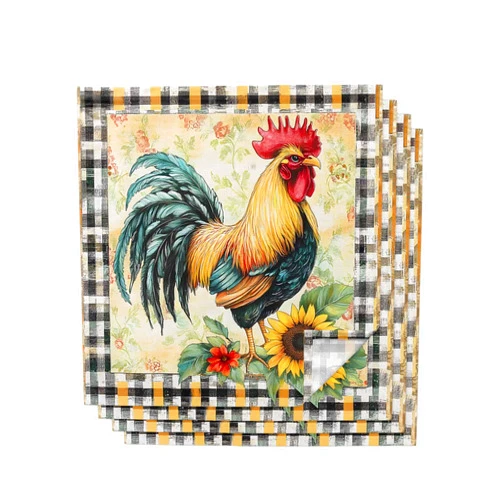 LgioyxQ Linen Dinner Napkins Rooster Vintage Gray White Plaid Sunflower Reusable Cloth Napkins for Formal Dining, Weddings & Holiday Party Sustainable Cotton Napkins 20x20 inch Set of 4